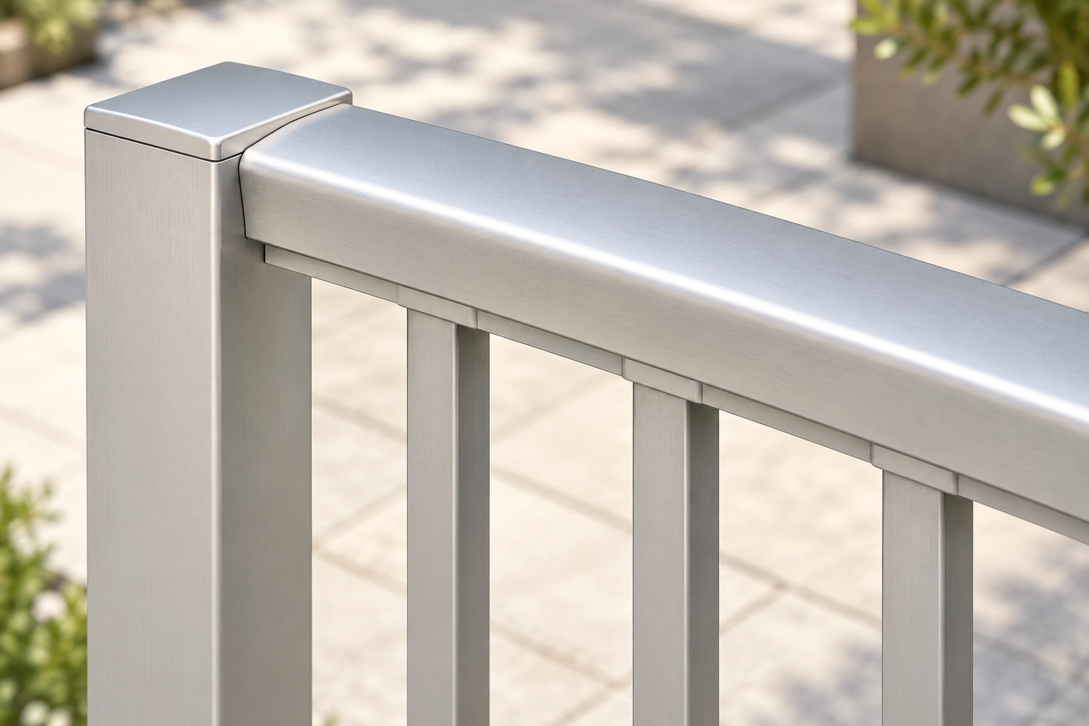 Silver aluminium top handrail meeting a capped square post above vertical pickets.