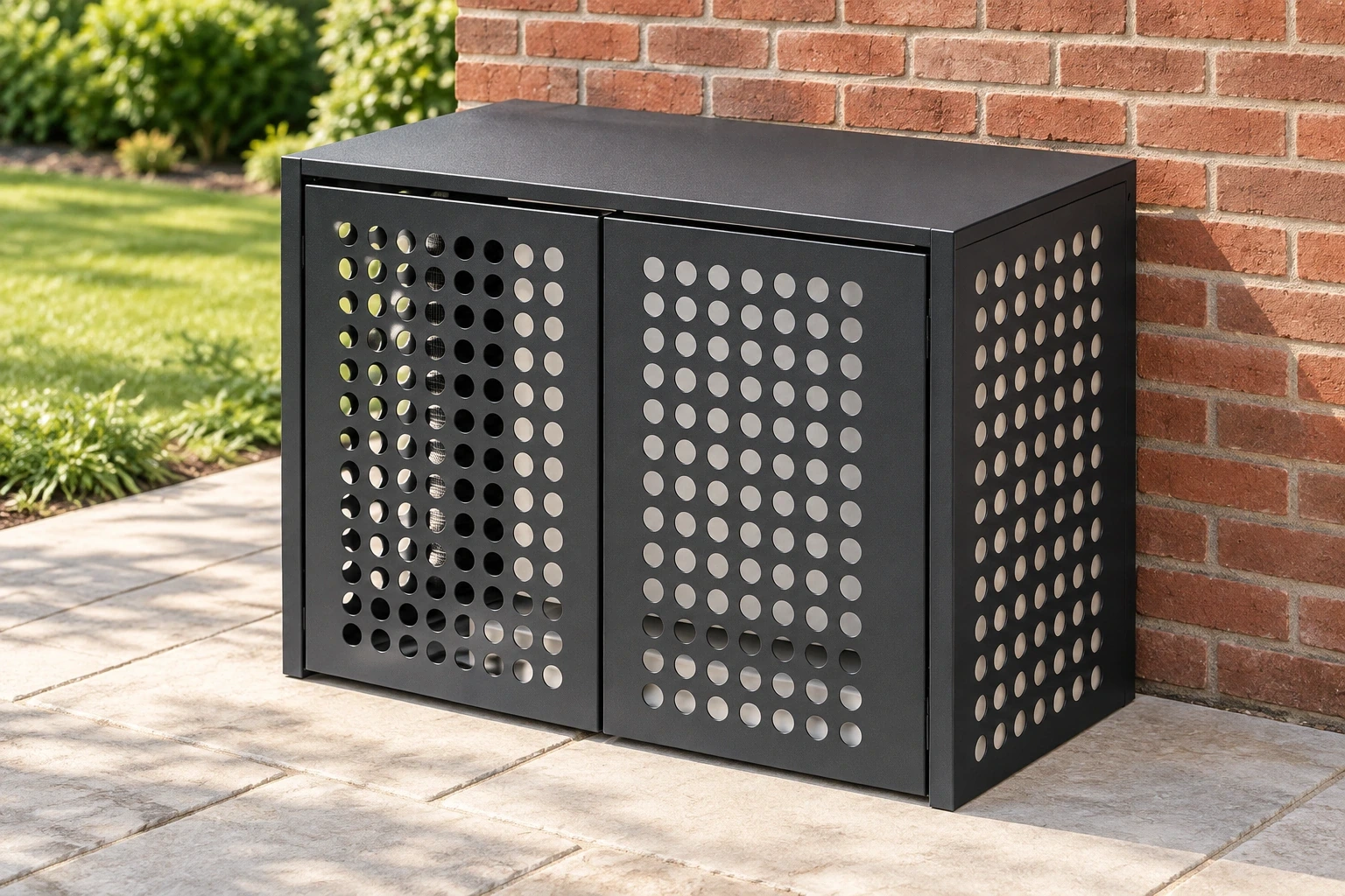 Charcoal air conditioner cover with two circular-perforated front panels beside a brick wall.