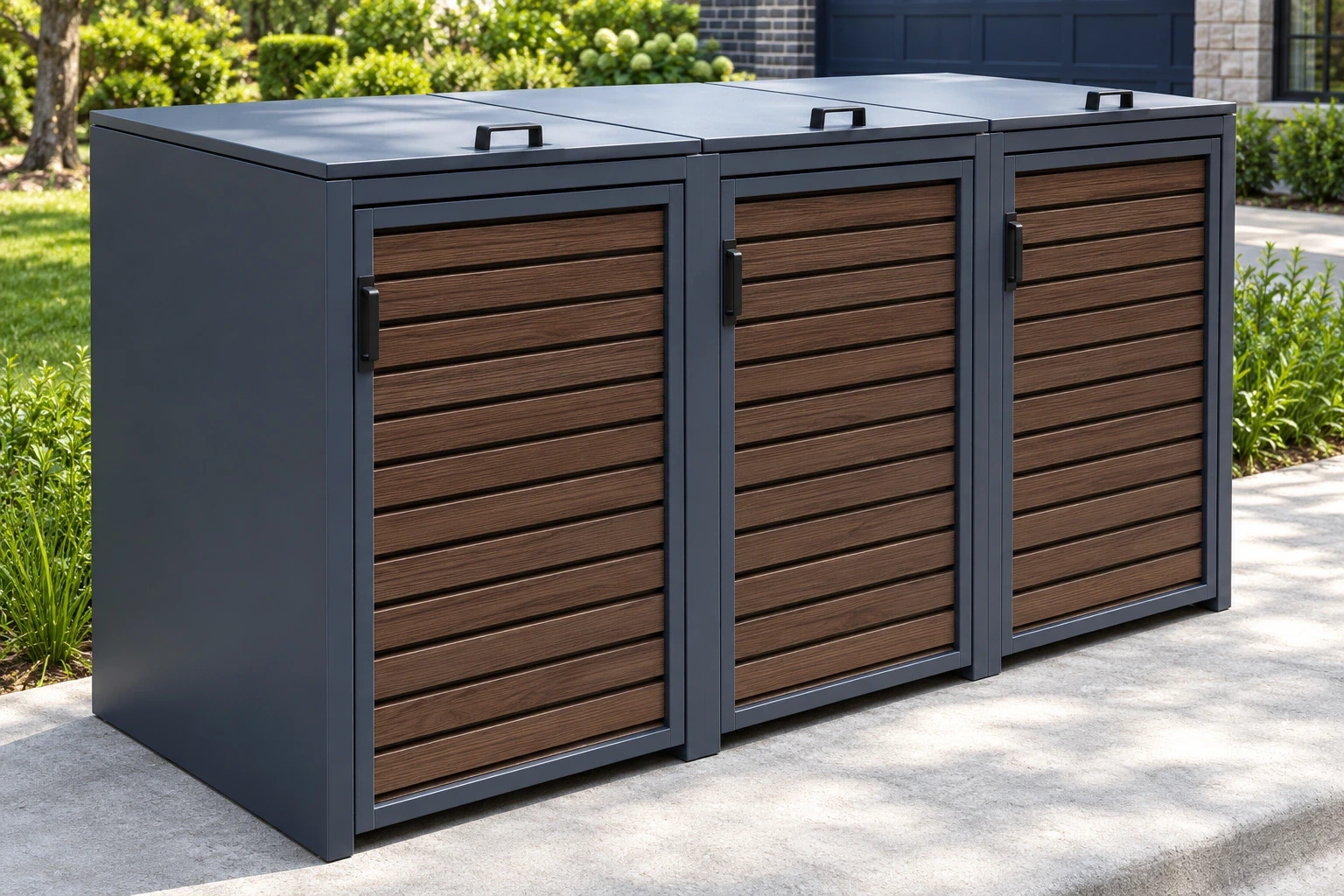 Close oblique view of adjoining charcoal frames and wood-look doors on a three-bay enclosure