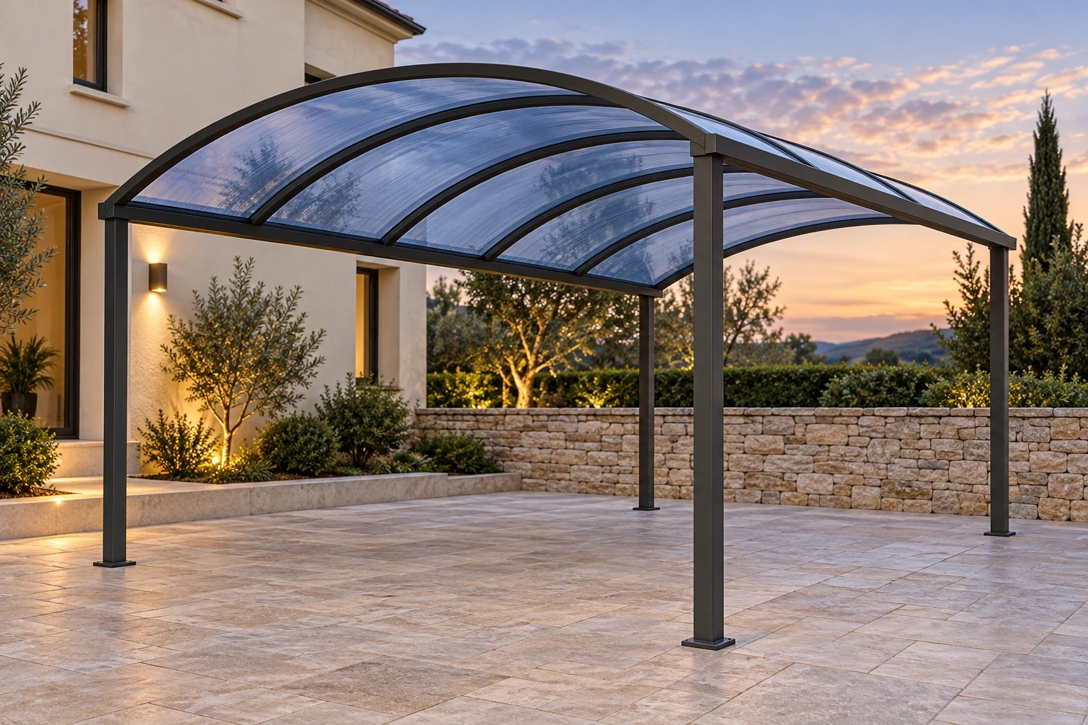 An empty four-post Easy-size carport with a barrel-curved hollow-polycarbonate roof beside a stone garden wall.