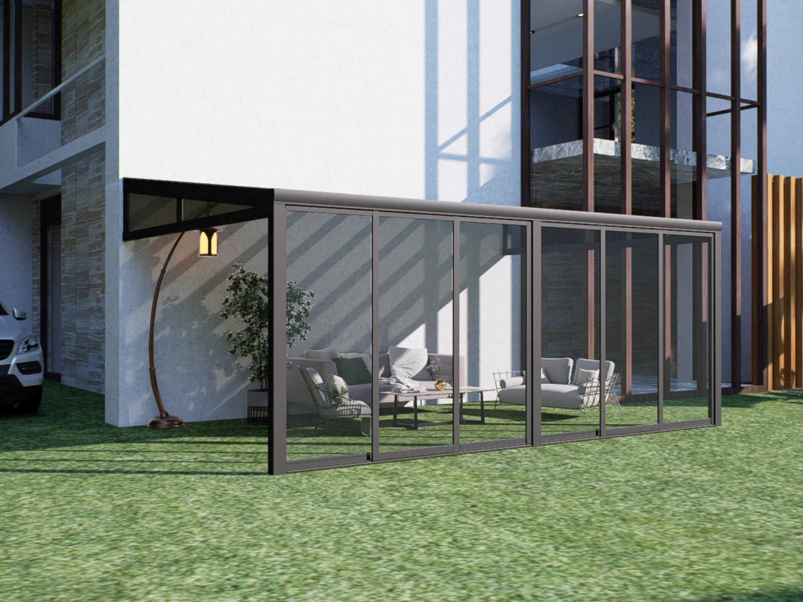 FAL Patio Cover · framed glass enclosure beside a modern facade
