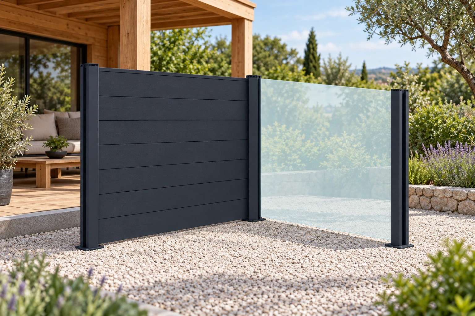 A graphite privacy panel and glass panel joined at a garden courtyard corner.