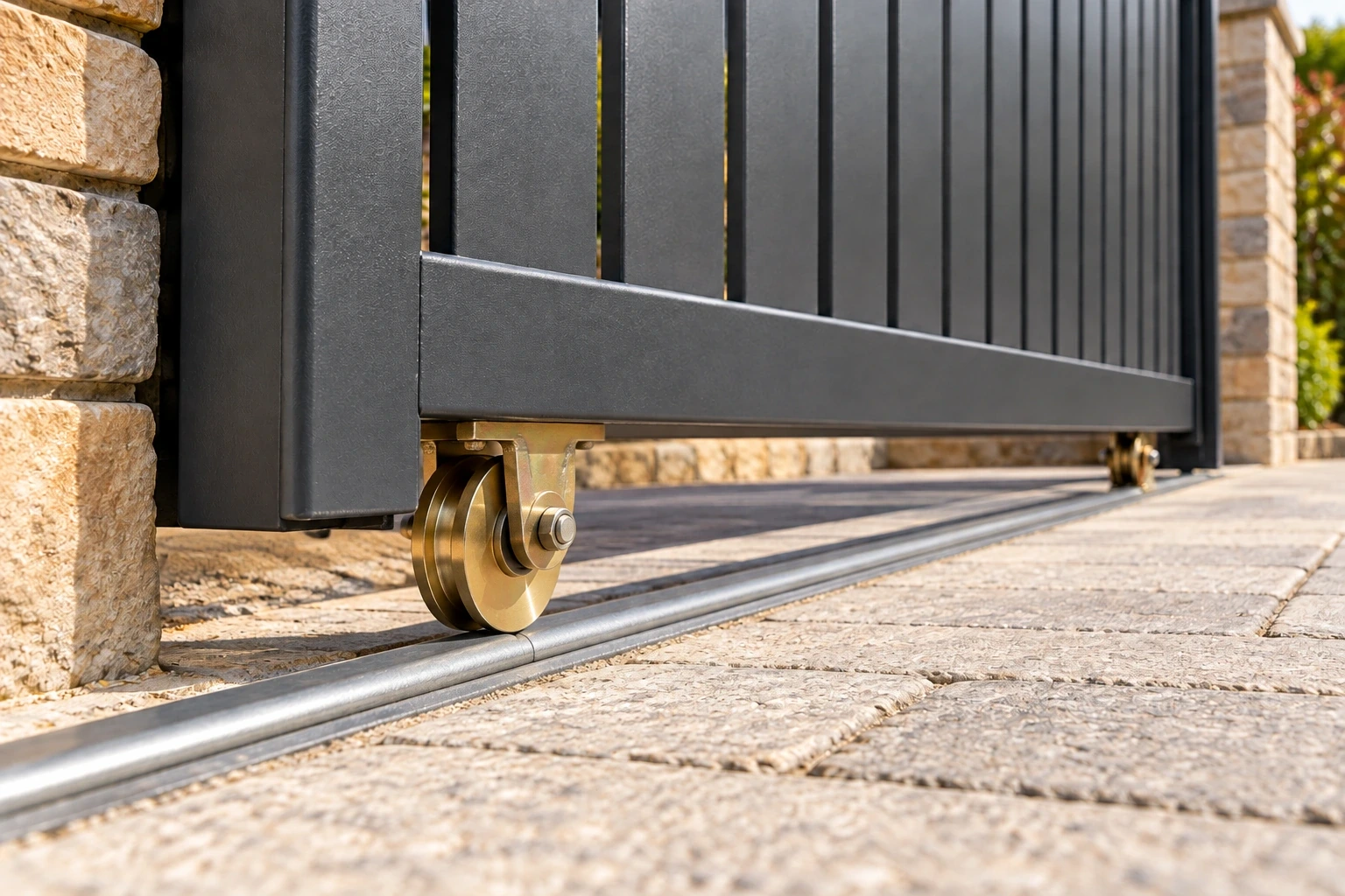 A brass-toned grooved sliding-gate wheel seated on its metal track beneath a graphite aluminium gate frame.