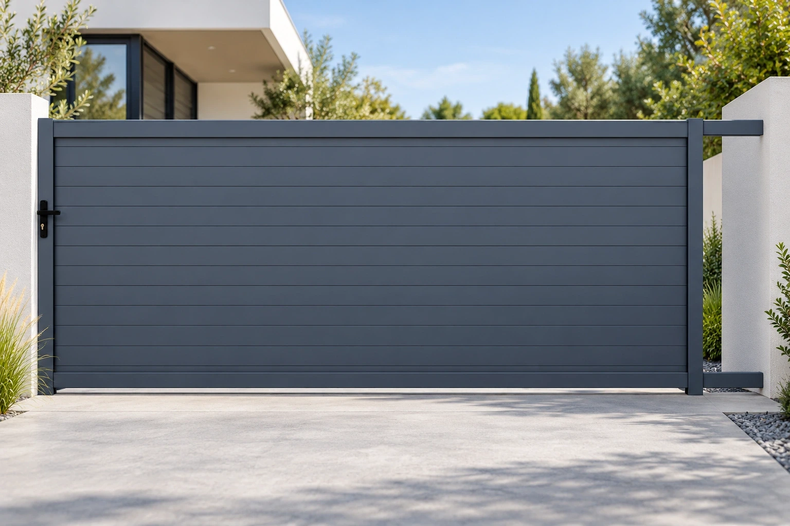 Horizontal-panel sliding gate across a drive