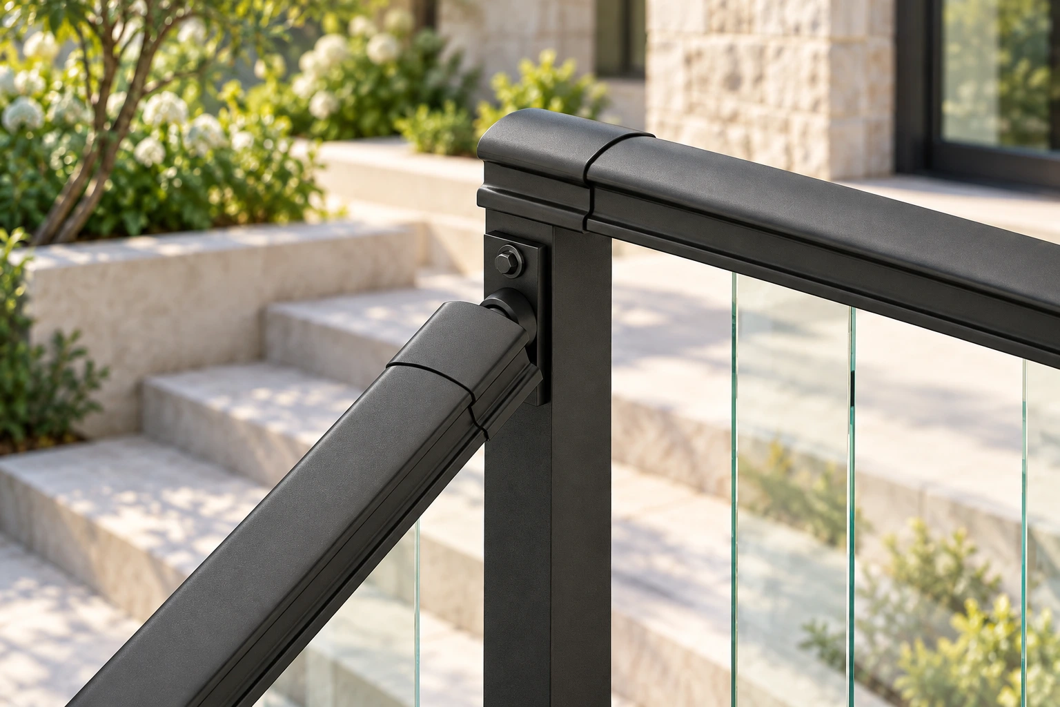 Charcoal glass railing on exterior stone steps, with a matching external hex-head screw in the upper connector hole