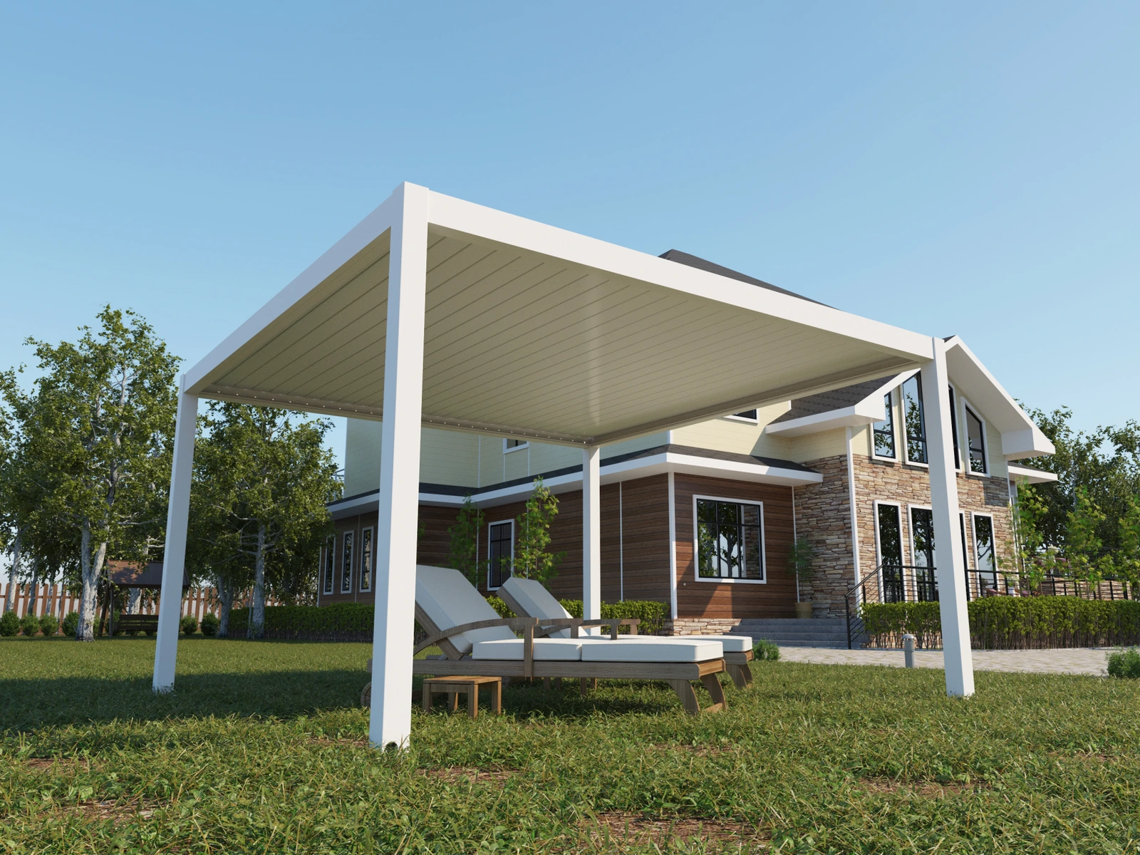 White pergola above garden loungers