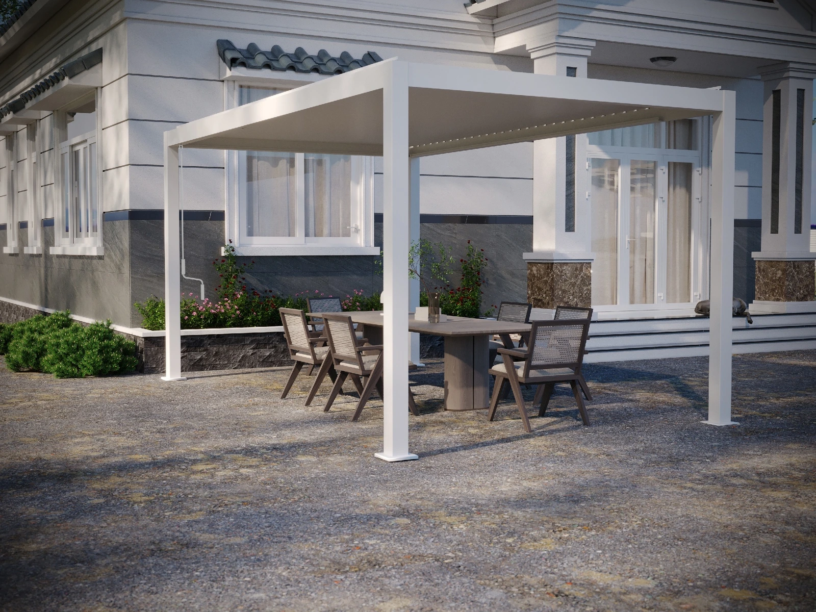 White double-layer pergola over outdoor dining