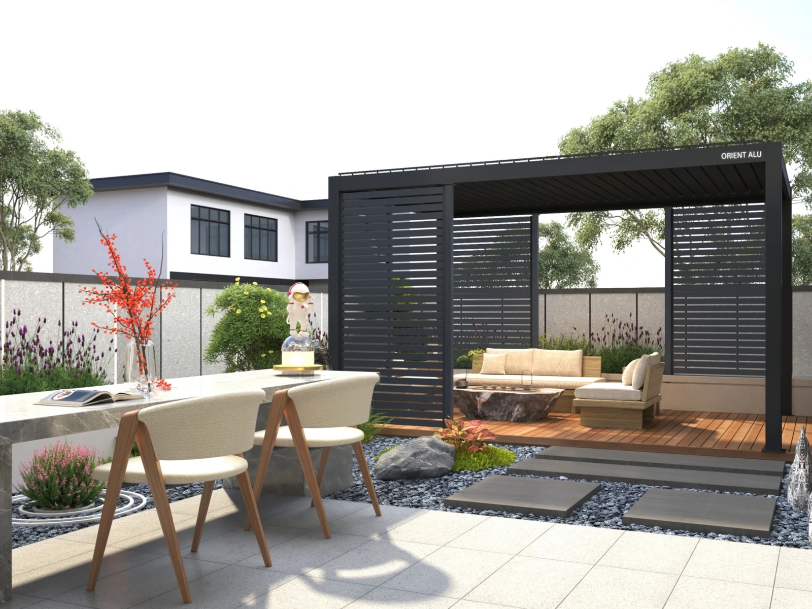 Pergola with louvred privacy panels