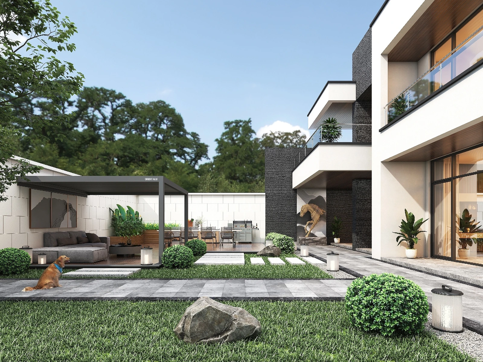 Graphite pergola in a contemporary garden