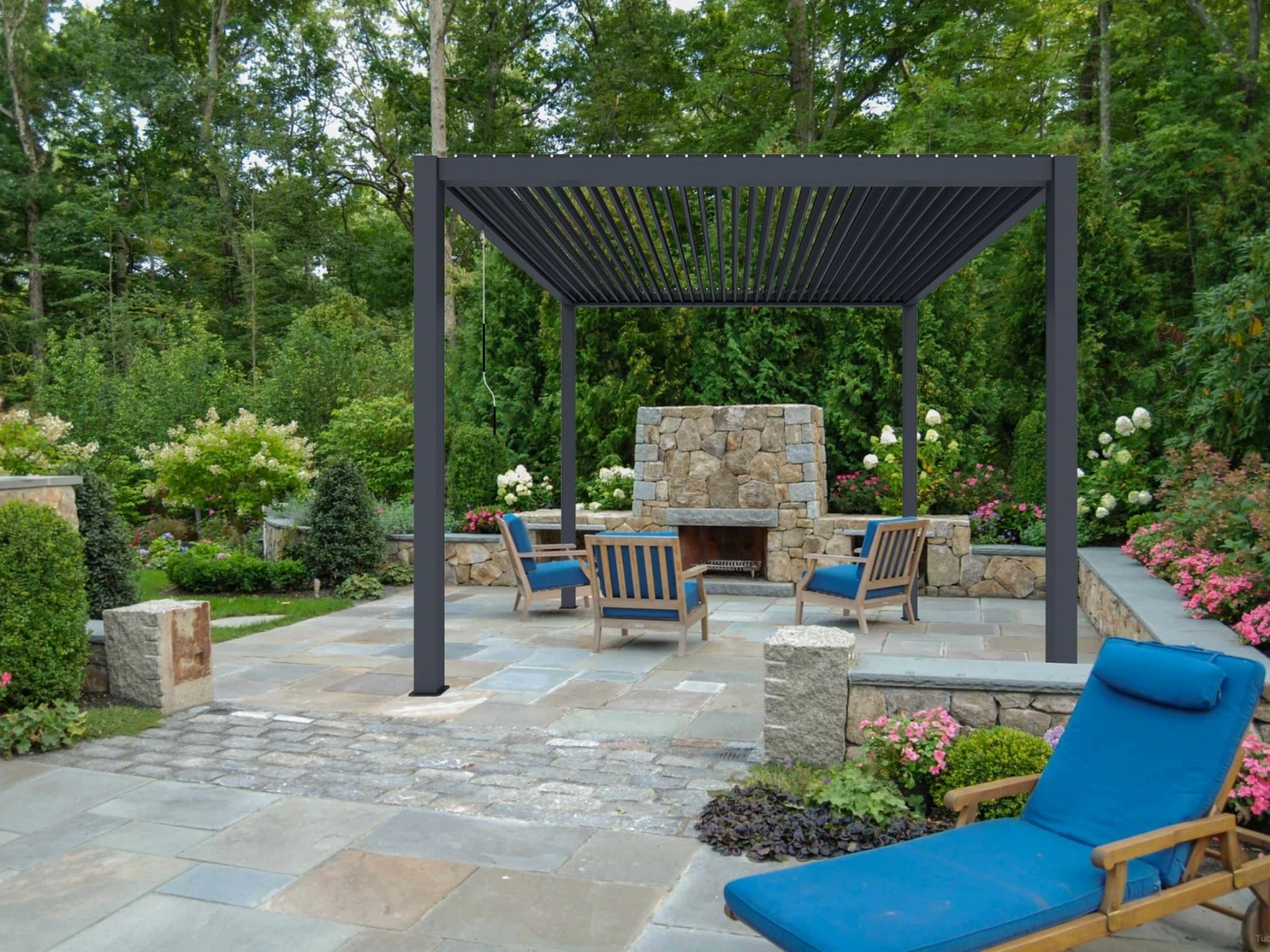 Open louvred pergola beside a garden fireplace