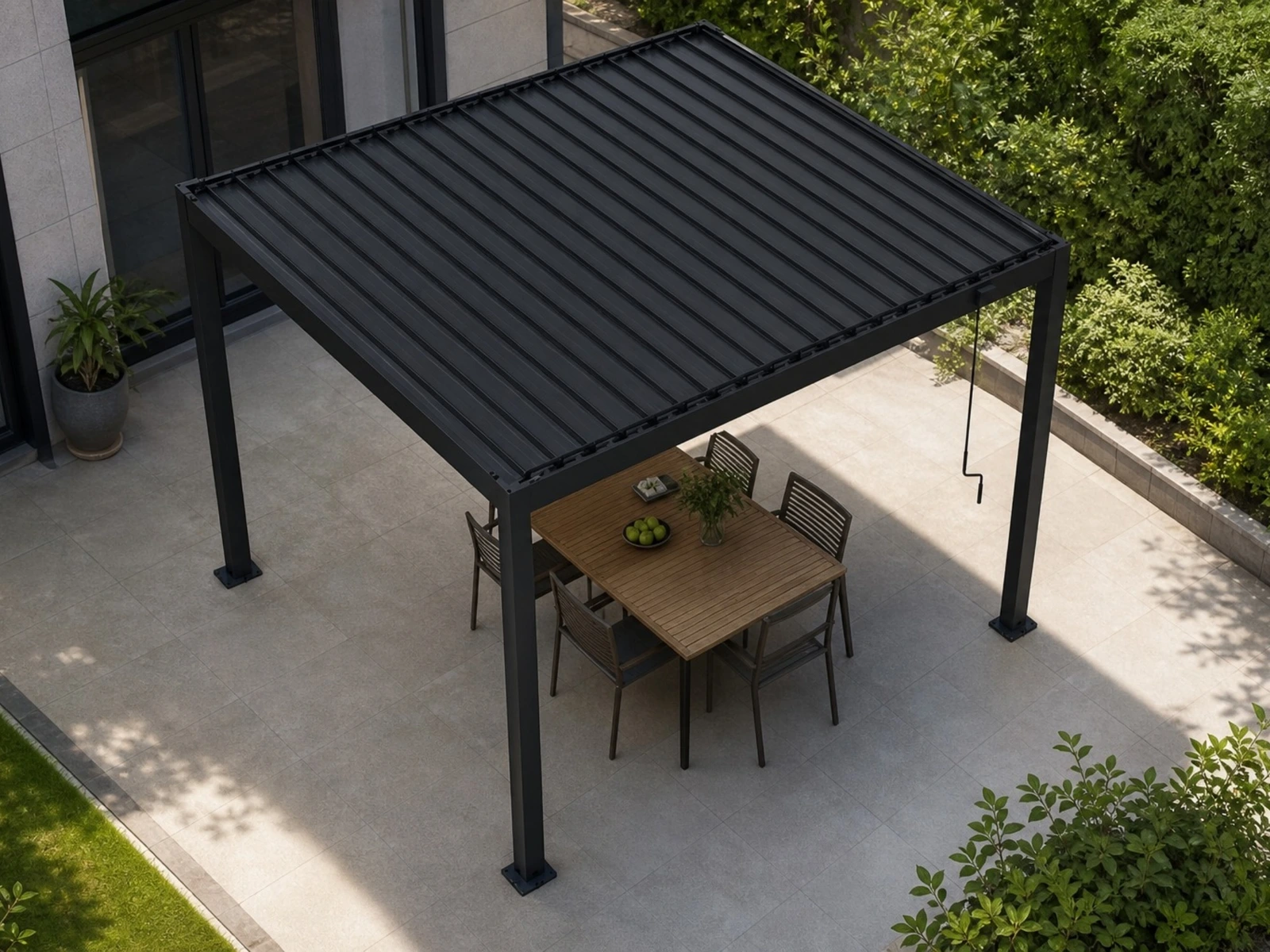 Full Steel Pergola · Model 8 · elevated view of the steel-louvre roof