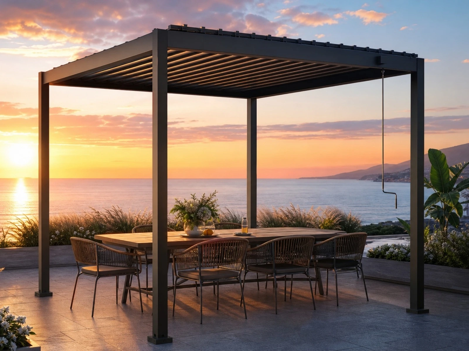 Full Steel Pergola · Model 8 · seaside dining at sunset