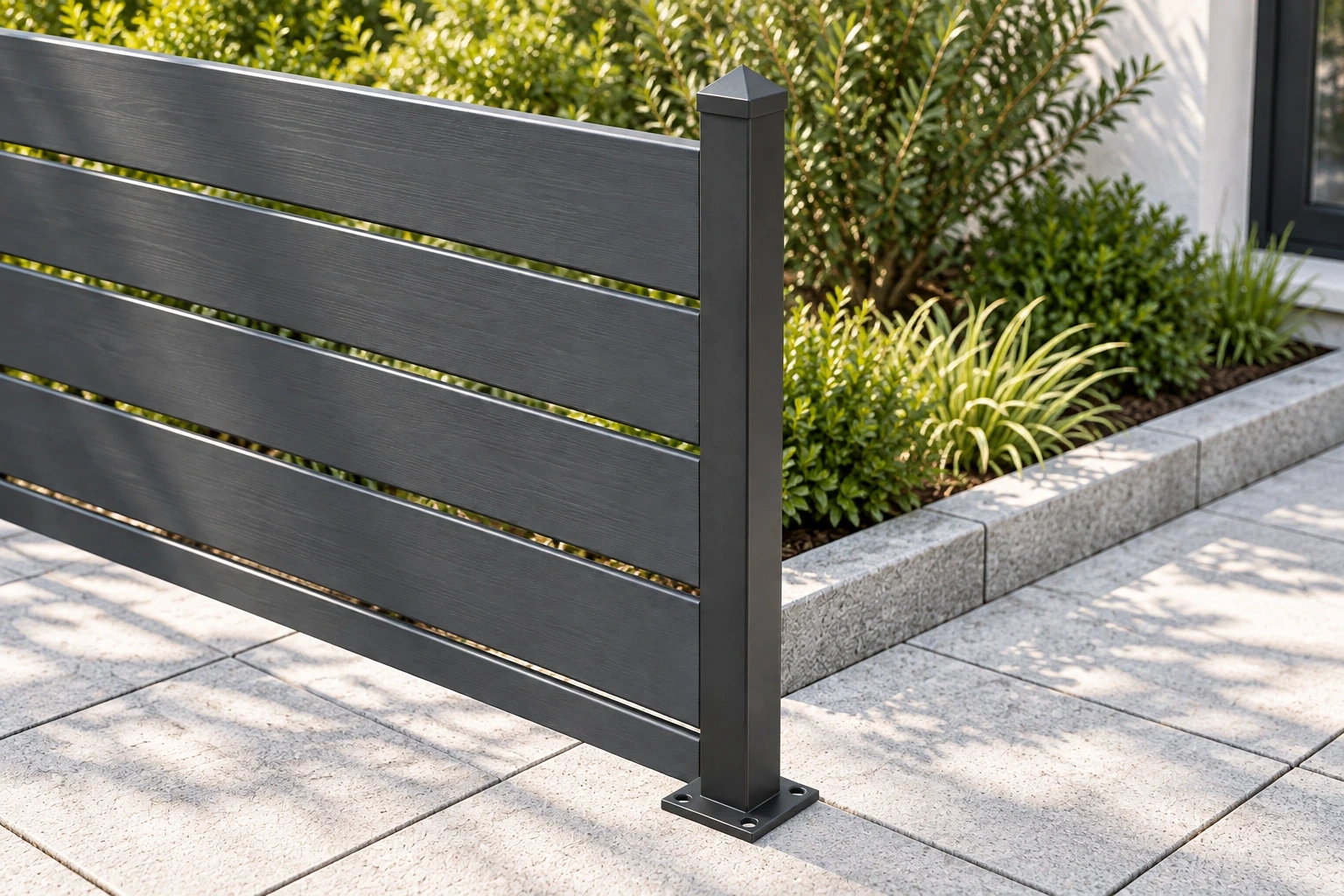 Capped square post supporting fencing on paving, with exposed mounting holes