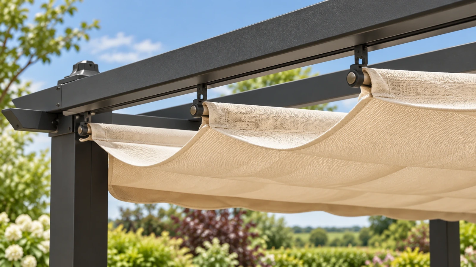 Close view of folded polyester fabric, stitched seam and aluminium rafter support