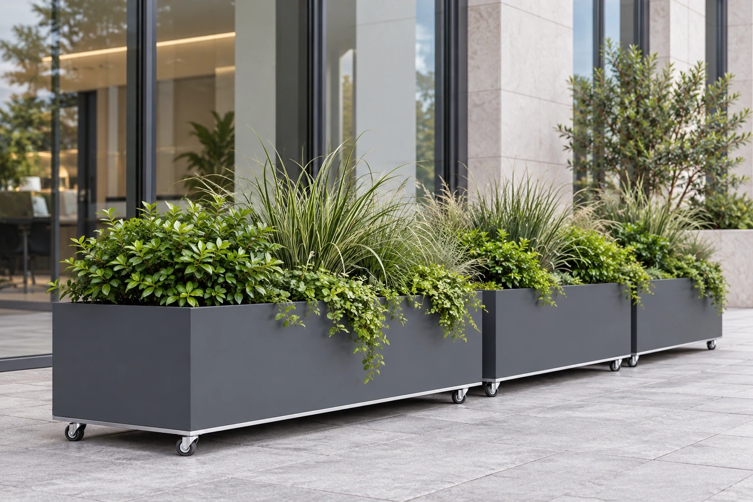 Three wide plate planters with silver bottom frames and castors beside a glazed entrance.