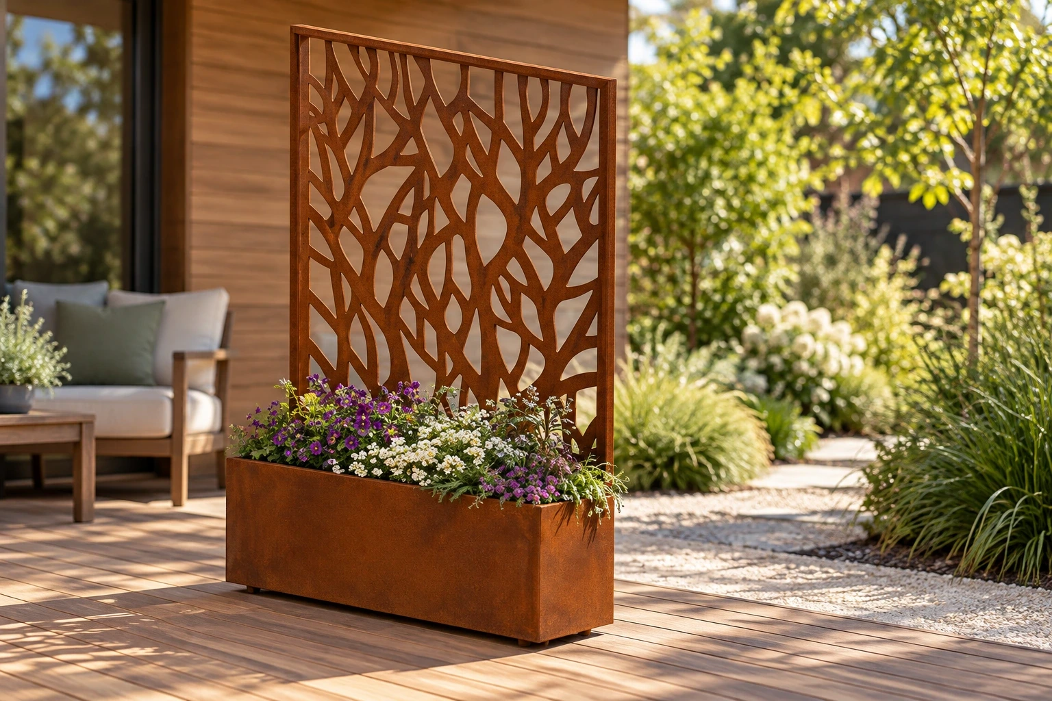 Rust-toned planter with integrated branching screen beside a timber deck seating area.