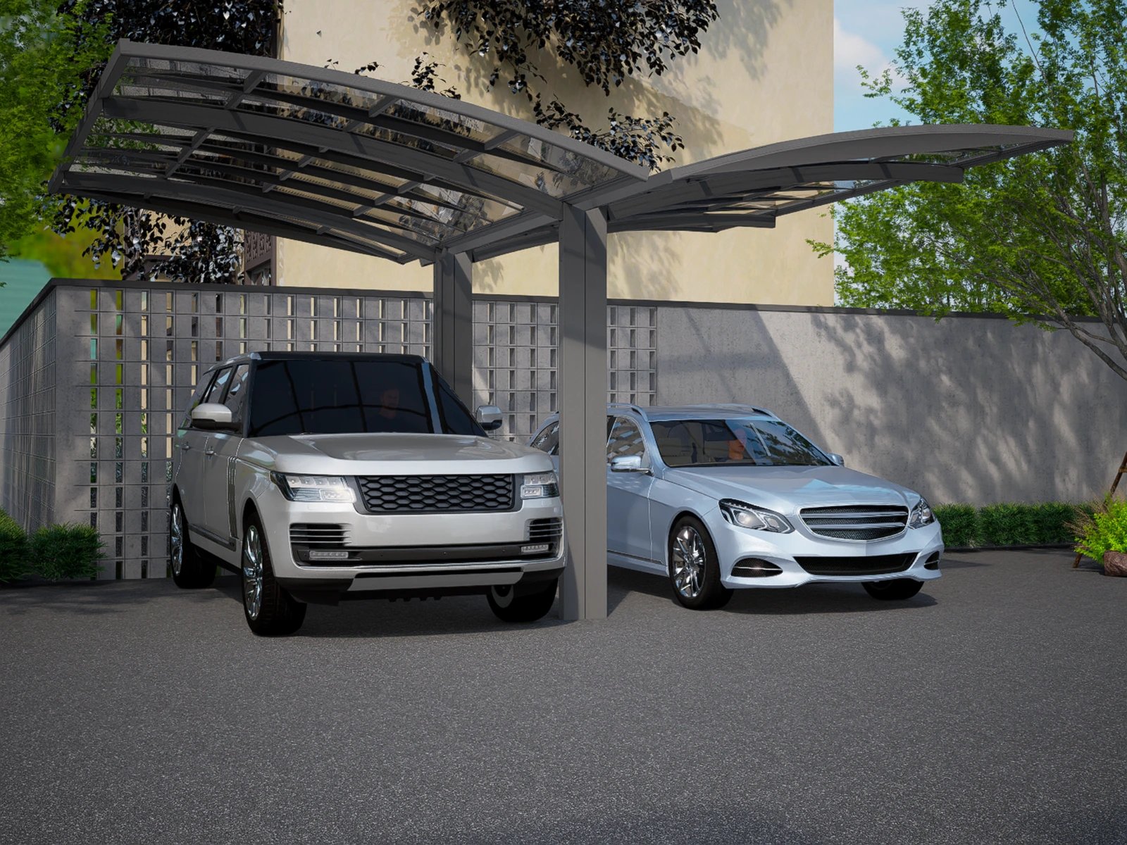 R Shape Carport · paired cantilever roof wings with central supports