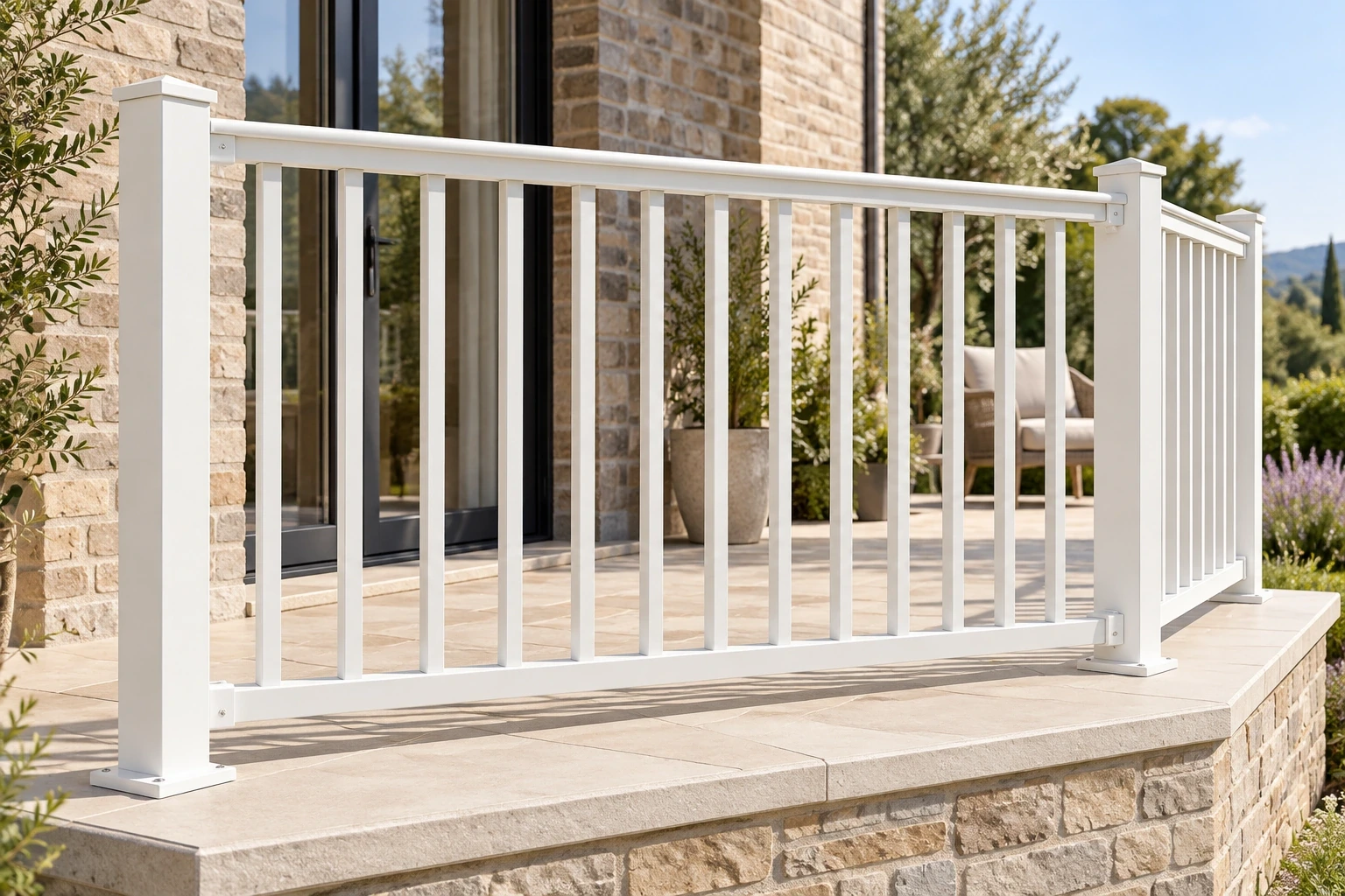 White aluminium railing with a shaped rounded handrail, rectangular bottom rail, vertical pickets and capped square posts on a garden balcony.