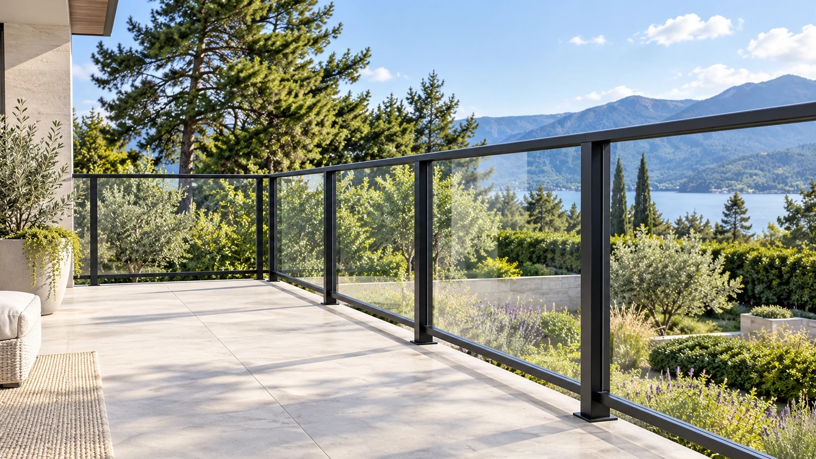 Graphite aluminium posts and perimeter rails frame clear glass panels along a pale stone terrace