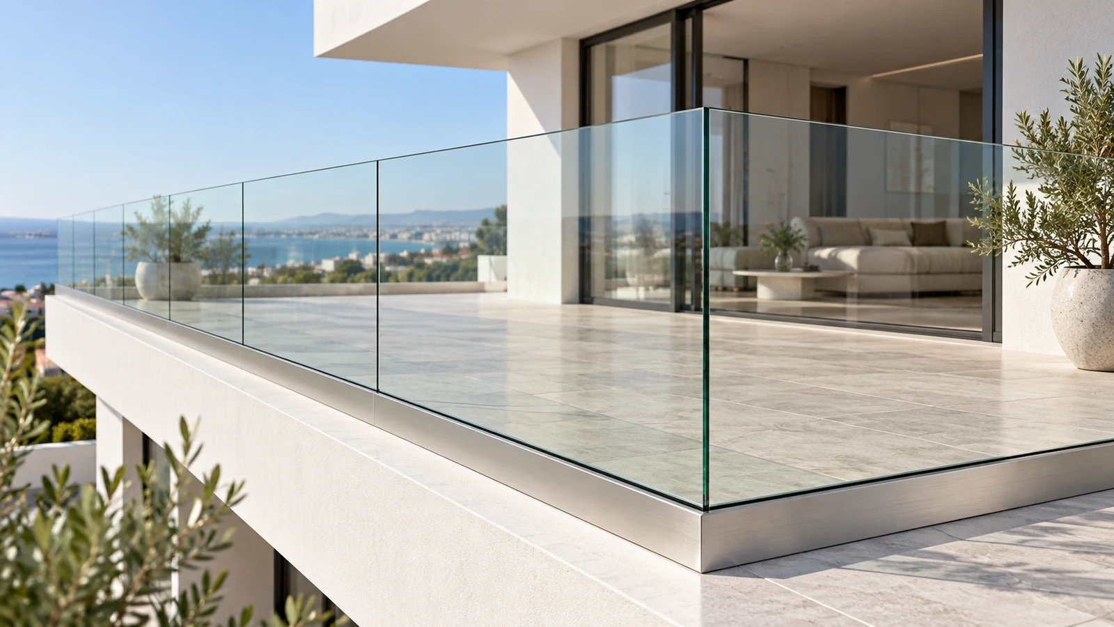 Clear frameless glass terrace balustrade supported only by a continuous brushed-metal base channel beside a white apartment.