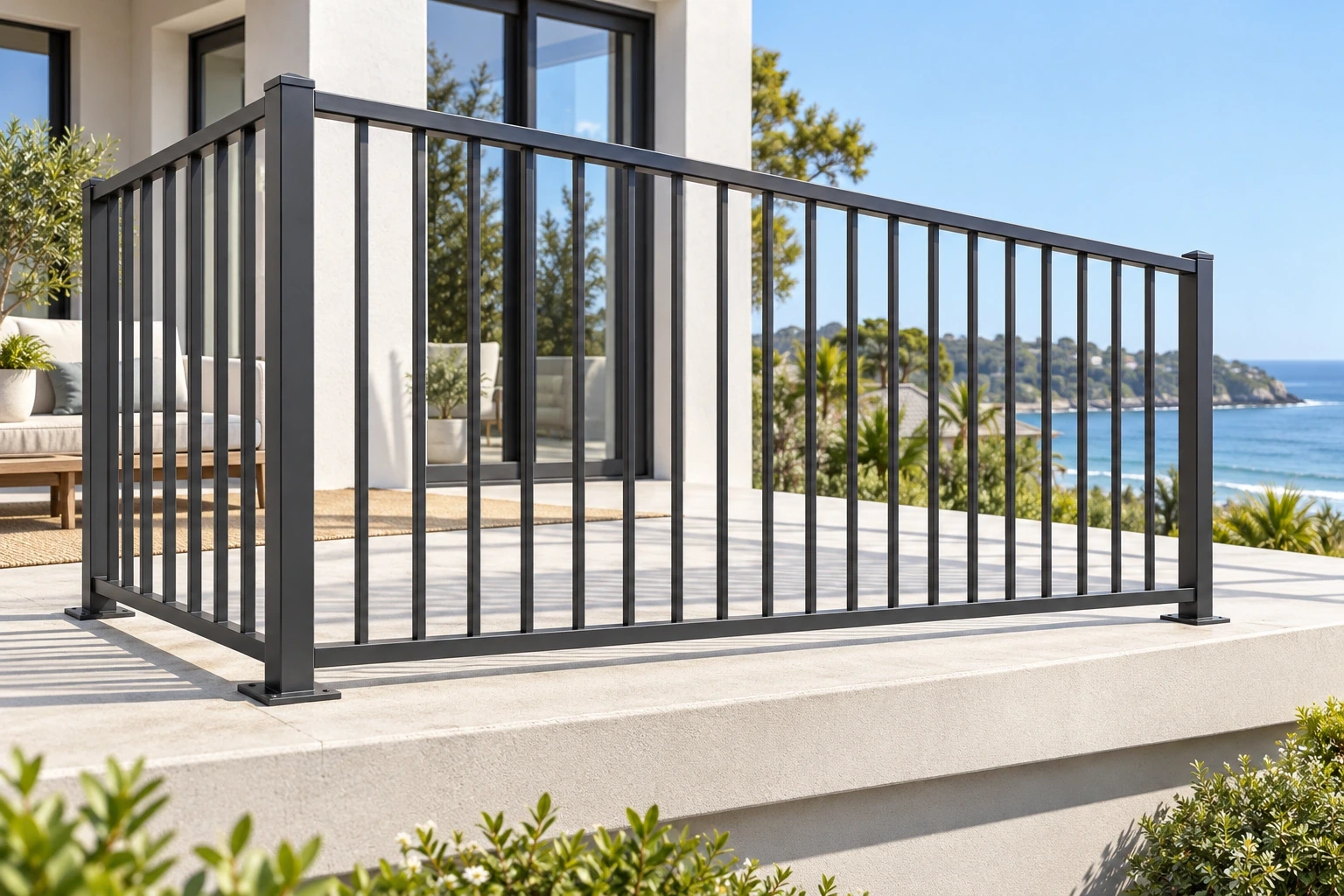 Graphite readymade vertical-picket railing panels with square posts and a straight bottom cover along a residential balcony.