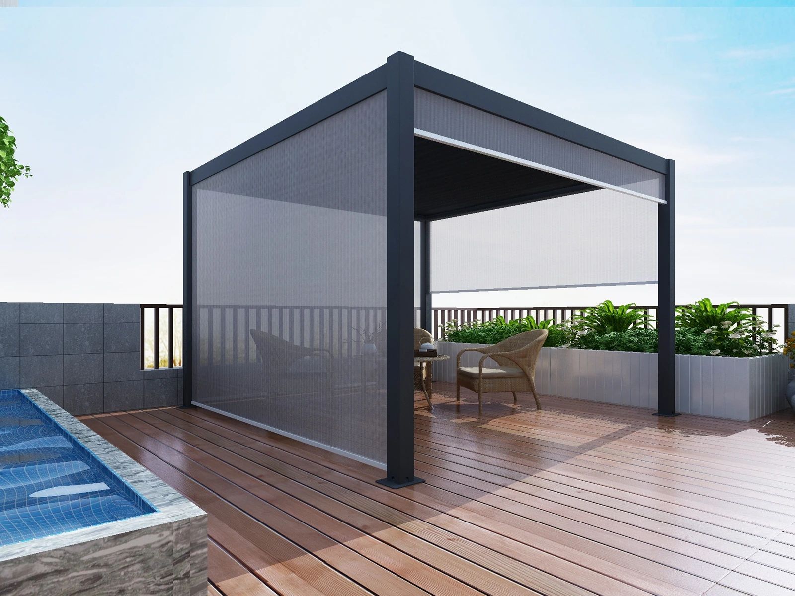 Roller Blinds — partially lowered roller blinds beside a pool terrace
