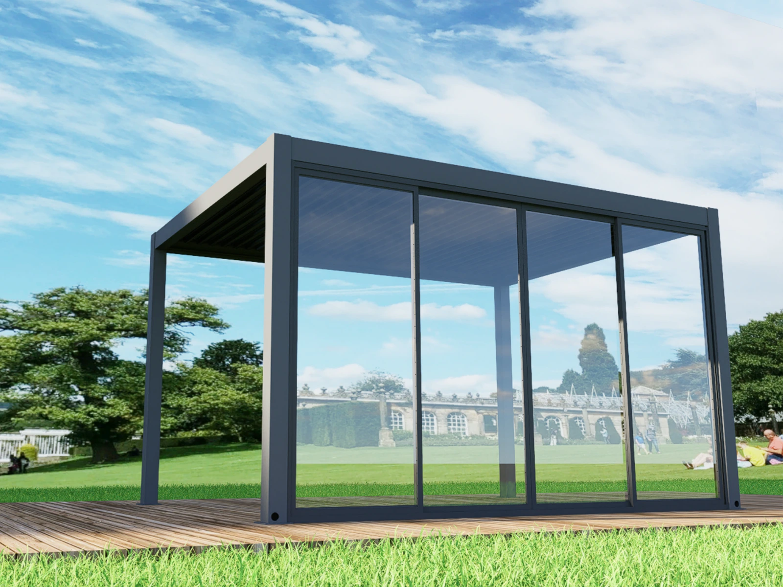 Sliding Glass Doors — framed sliding glass panels fitted within a pergola opening