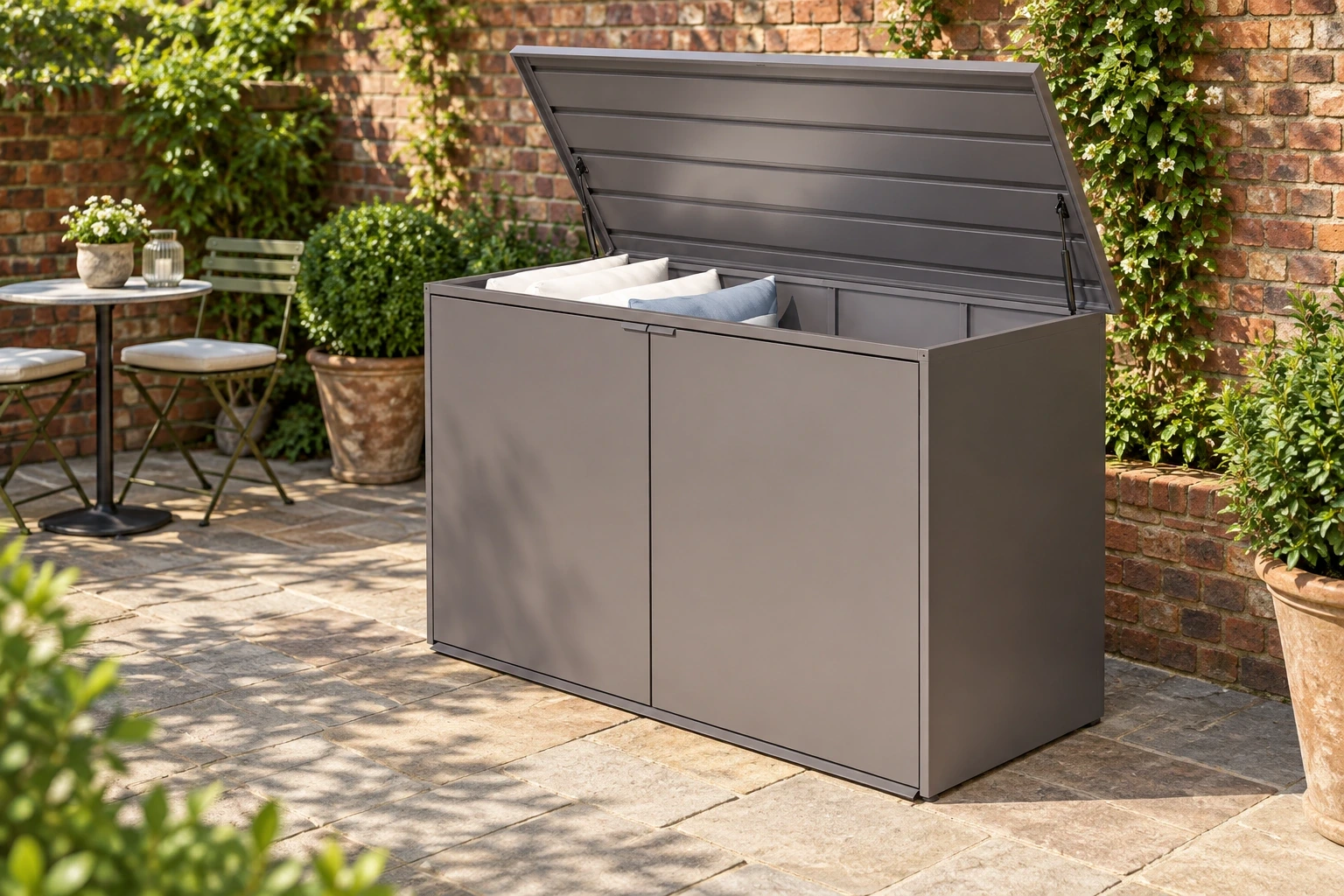 Smooth metal storage box with raised lid and folded cushions beside a brick courtyard wall.