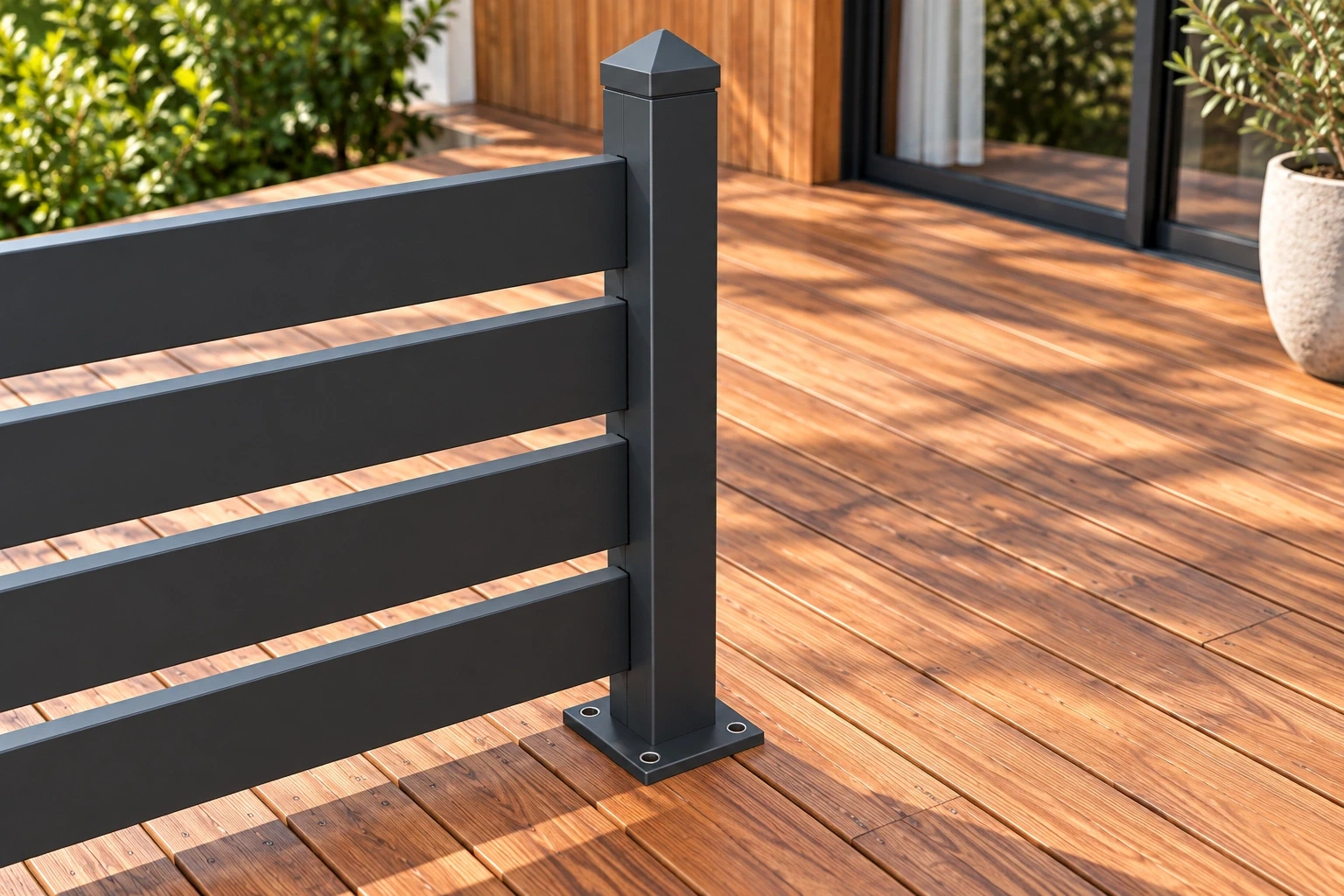 Capped square fence post on timber decking, showing its exposed fixing flange