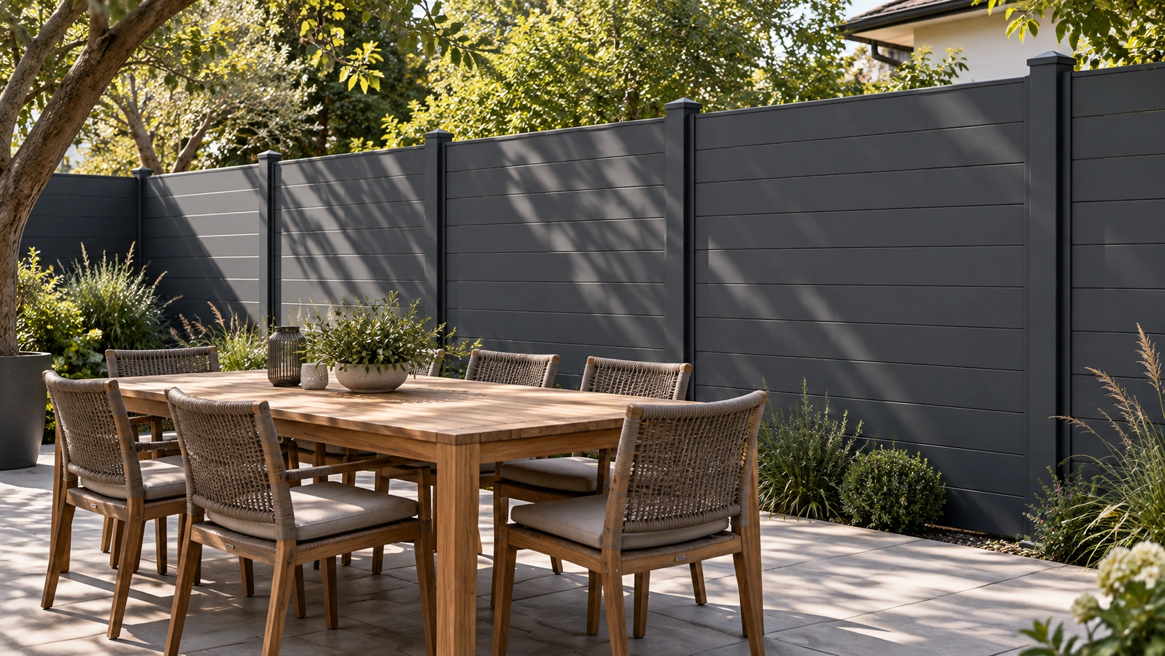 Charcoal privacy fencing beside an outdoor dining area