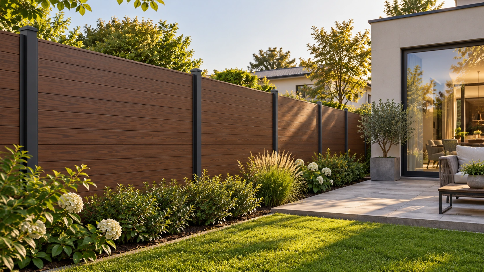 Wood-grain privacy fencing beside a terrace